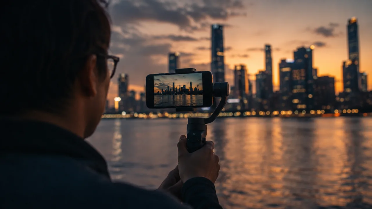 A filmmaker uses a smartphone to compose a city skyline at sunset
